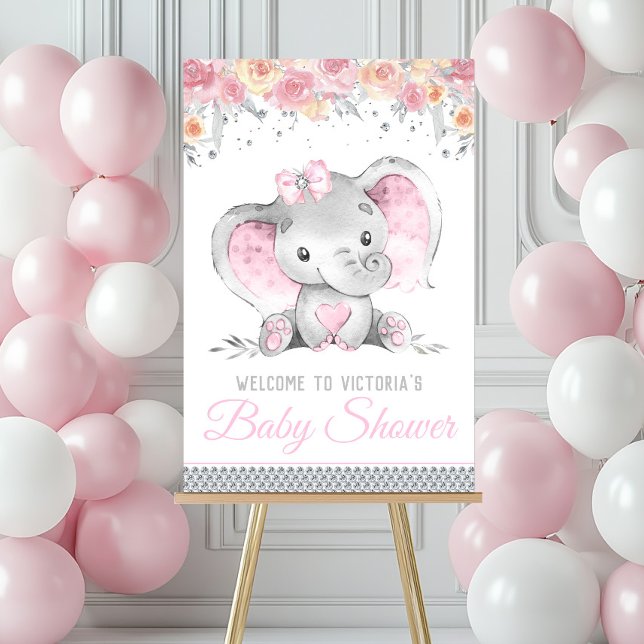 Pink Gray Elephant Floral Diamond Baby Shower Sign (Girl elephant baby shower welcome sign. Simply add your event details.)