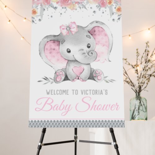 Pink Gray Elephant Floral Diamond Baby Shower Sign