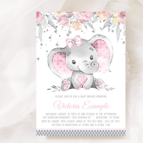 Pink Gray Elephant Floral Diamond Girl Baby Shower Invitation