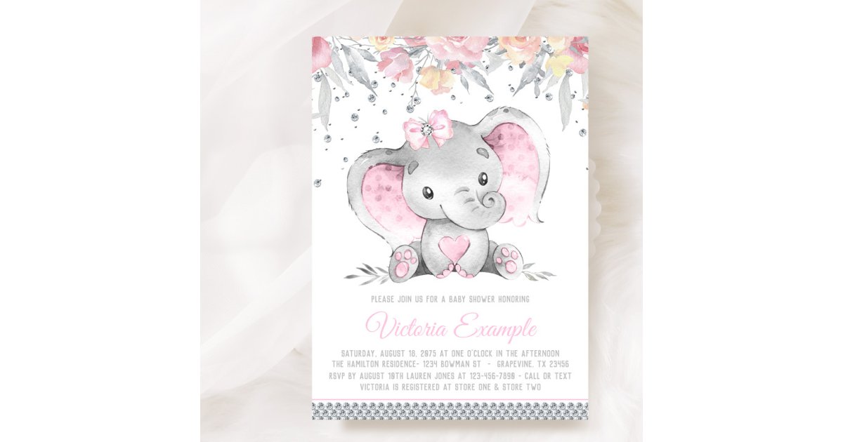 Pink Gray Elephant Floral Diamond Girl Baby Shower Invitation | Zazzle