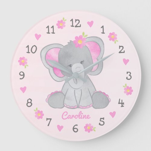 Pink Gray Elephant Flowers Name Girl Nursery Large Clock