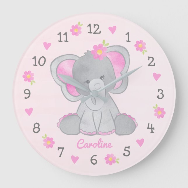 Pink Gray Elephant Flowers Name Girl Nursery Large Clock (Front)