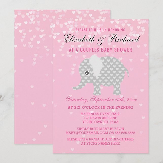 Pink Gray Elephant Hearts Couples Girl Baby Shower Invitation (Front/Back)
