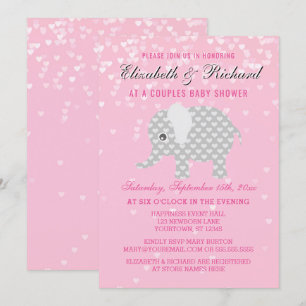 Pink Gray Elephant Hearts Couples Girl Baby Shower Invitation