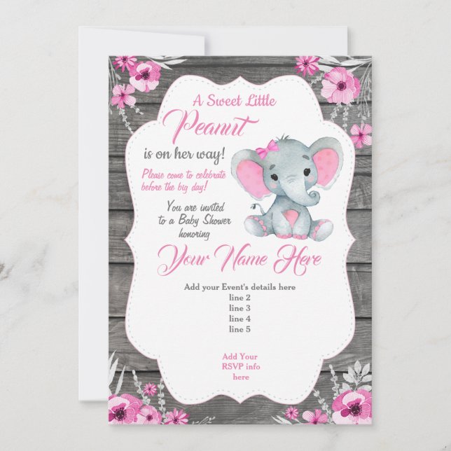 Pink Gray Elephant Invitation Editable (Front)