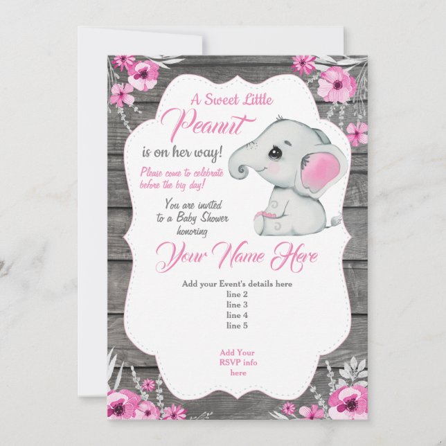 Pink Gray Elephant Invitation Editable Pink (Front)