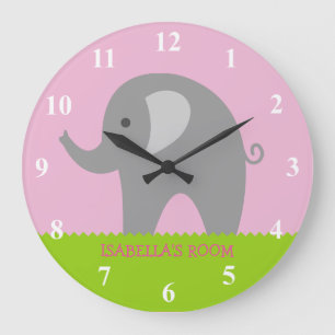 Pink gray elephant nursery big wall clock for girl