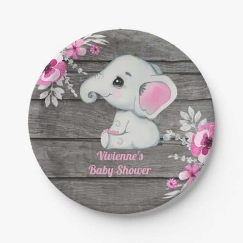 Pink Gray Elephant Plate 4 Baby Shower Birthday