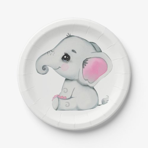 Pink Gray Elephant Plate 4 Baby Shower Birthday