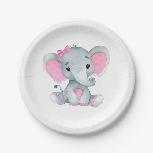 Pink Gray Elephant Plate 4 Baby Shower Birthday