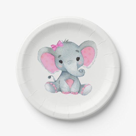 Pink Gray Elephant Plate 4 Baby Shower, Birthday | Zazzle.com
