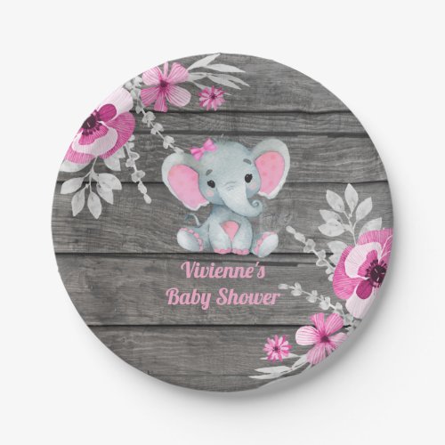 Pink Gray Elephant Plate 4 Baby Shower Birthday