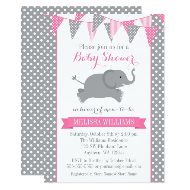 Pink Gray Elephant Polka Dot Bunting Baby Shower Invitation