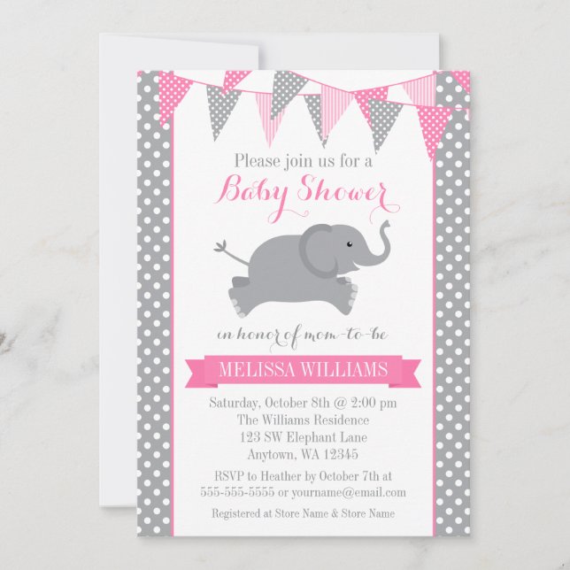 Pink Gray Elephant Polka Dot Bunting Baby Shower Invitation (Front)