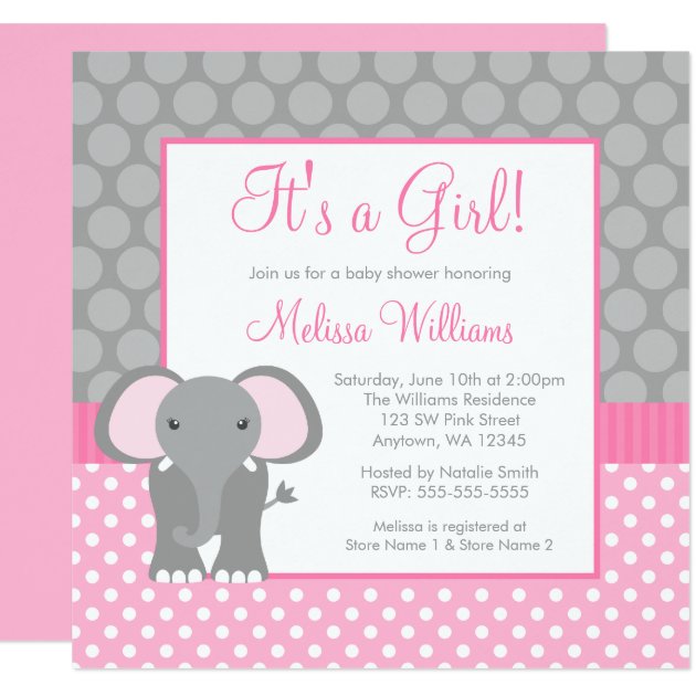 Pink Gray Elephant Polka Dot Girl Baby Shower Invitation