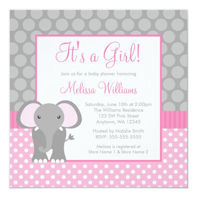 Pink Gray Elephant Polka Dot Girl Baby Shower Invitation