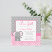 Pink Gray Elephant Polka Dot Girl Baby Shower Invitation (Standing Front)