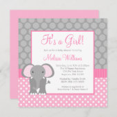 Pink Gray Elephant Polka Dot Girl Baby Shower Invitation (Front/Back)