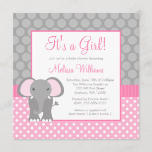 Pink Gray Elephant Polka Dot Girl Baby Shower Invitation