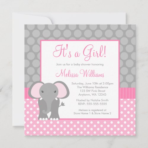 Pink Gray Elephant Polka Dot Girl Baby Shower Personalized Invitations