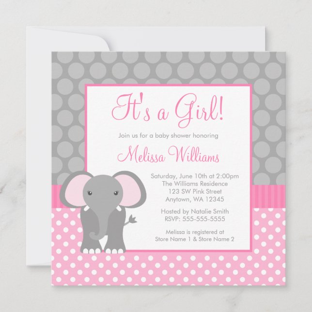 Pink Gray Elephant Polka Dot Girl Baby Shower Invitation (Front)