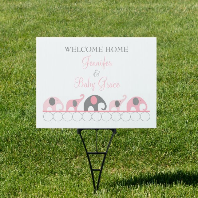 Pink & Gray Elephant Welcome Home Mom and Baby Yard Sign (Insitu)