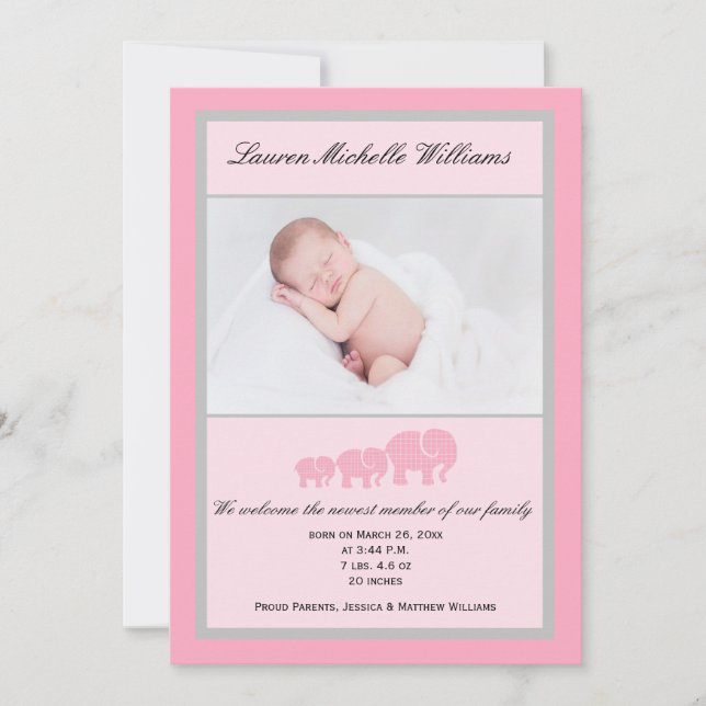 Pink Gray Elephants Baby Girl Photo Birth Announcement (Front)
