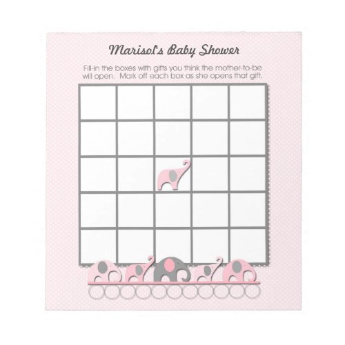 Pink Gray Elephants Baby Shower Bingo Game pad