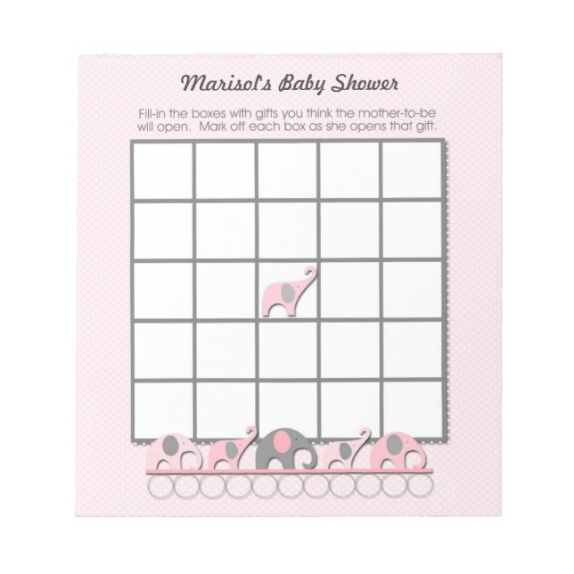 Pink Gray Elephants Baby Shower Bingo Game pad (Front)