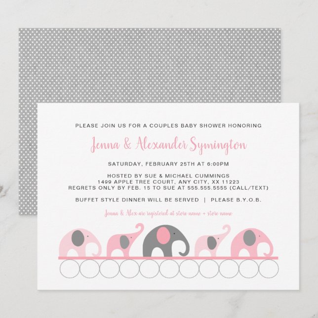Pink Gray Elephants Couples girl Baby Shower Invitation (Front/Back)