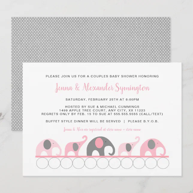 Pink Gray Elephants Couples girl Baby Shower Invitation | Zazzle