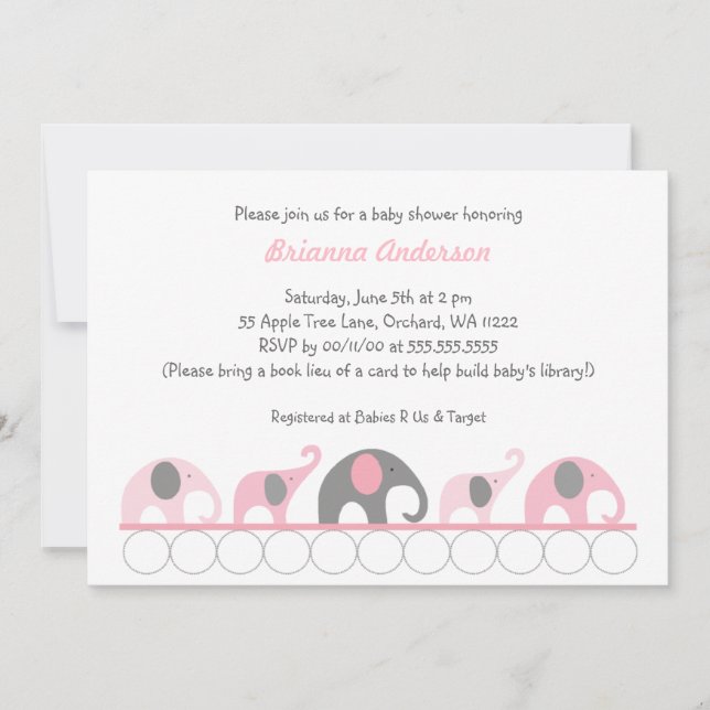 Pink & Gray elephants on books baby shower invite (Front)