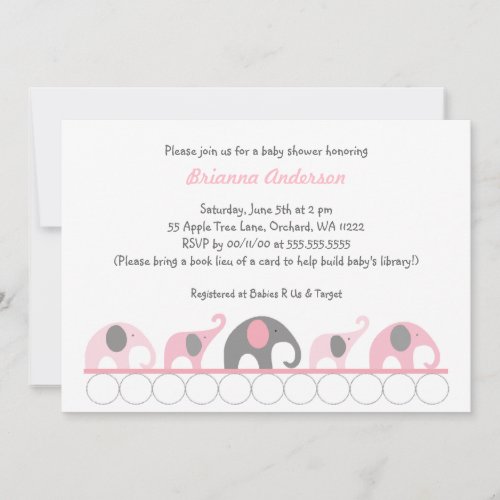 Pink &amp; Gray elephants on books baby shower invite