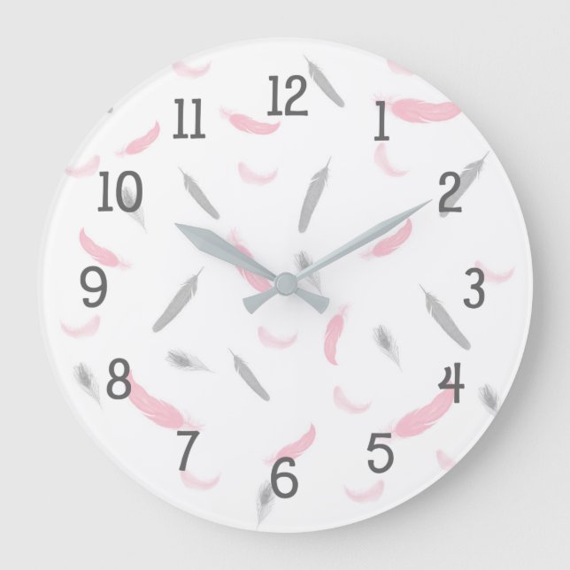 Pink Gray feathers clock, girl nursery bedroom Large Clock (Front)