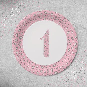 Pink Gray First Birthday 2 Leopard Pattern  Paper Plates by lemontreecards at Zazzle