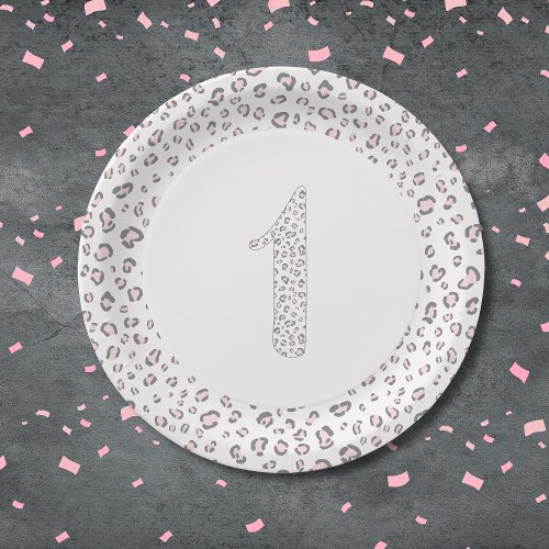Pink Gray First Birthday Leopard Pattern Paper Plates