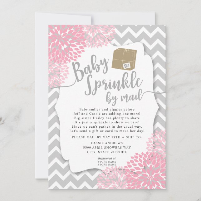 Pink Gray Floral Baby Sprinkle by mail Invitation (Front)