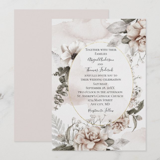 Pink Gray Floral Botanical Elegant Formal Wedding Invitation (Front/Back)