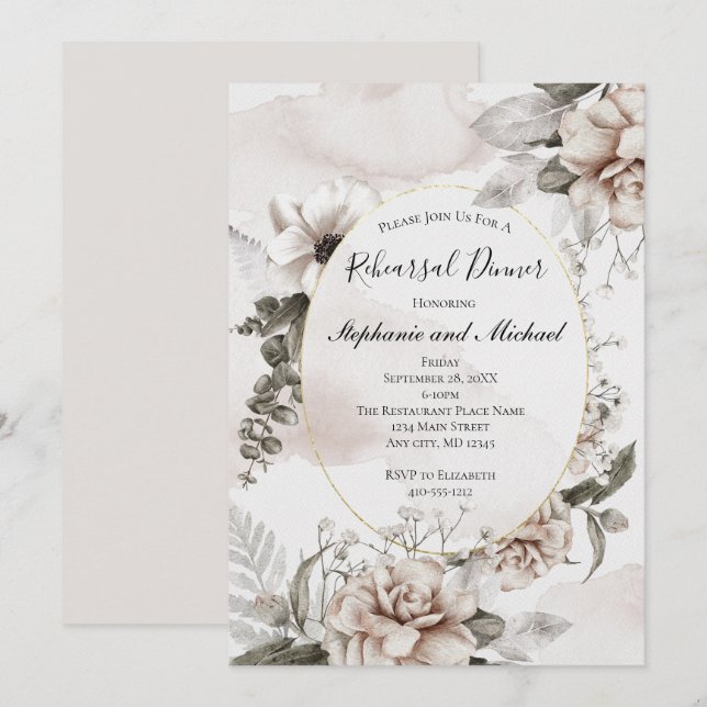 Pink Gray Floral Botanical Elegant Formal Wedding  Invitation (Front/Back)