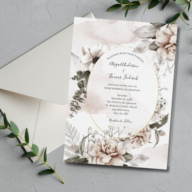 Pink Gray Floral Botanical Elegant Formal Wedding Invitation (Blush Pink Gray Floral Watercolor Wedding Invitation. Elegant and Classic.)