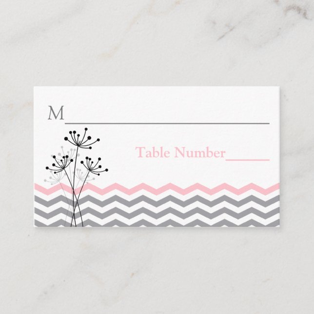 Pink, Gray Floral, Chevron Stripes Place Card (Front)