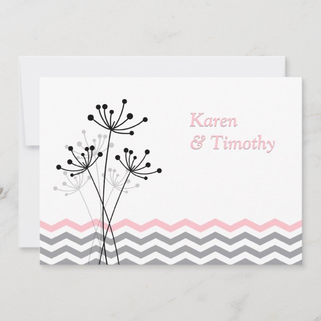 Pink, Gray Floral, Chevron Wedding Invite (Front)