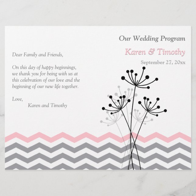 Pink, Gray Floral, Chevron Wedding Program (Front)