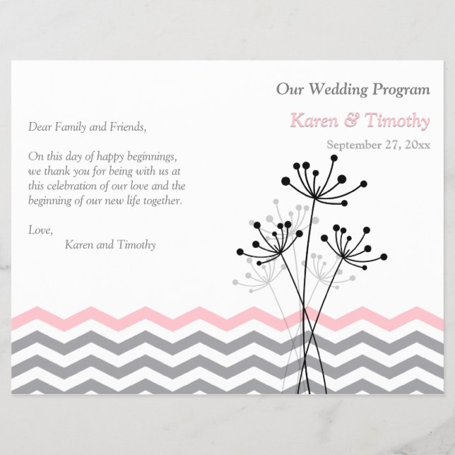 Pink, Gray Floral, Chevron Wedding Program (Front)