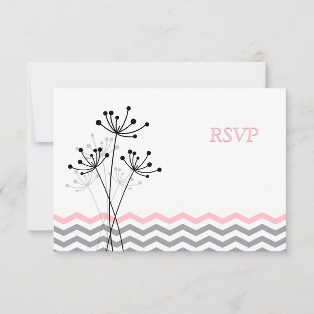 Pink, Gray Floral, Chevron Wedding RSVP Card (Front)