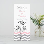 Pink, Gray Floral, Chevrons Wedding Menu Card (Standing Front)