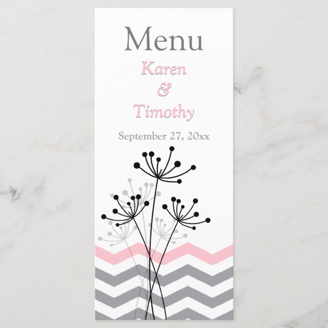 Pink, Gray Floral, Chevrons Wedding Menu Card (Front)