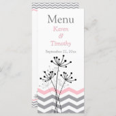 Pink, Gray Floral, Chevrons Wedding Menu Card (Front/Back)
