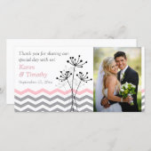 Pink, Gray Floral, Chevrons Wedding Photo Card (Front/Back)