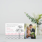 Pink, Gray Floral, Chevrons Wedding Photo Card (Standing Front)